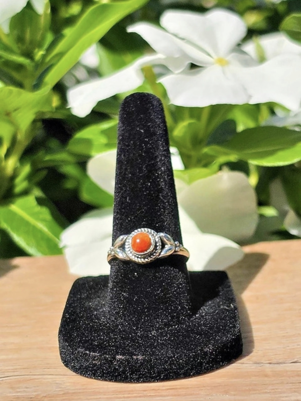 Red-Orange Coral Cabochon Sterling Silver Ring